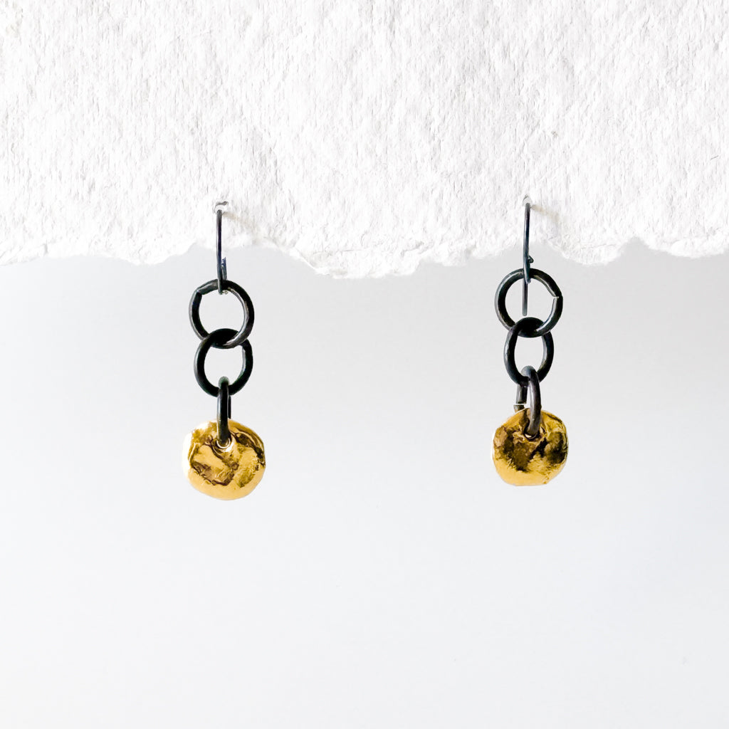 Gold Disc on Black Chain Earrings