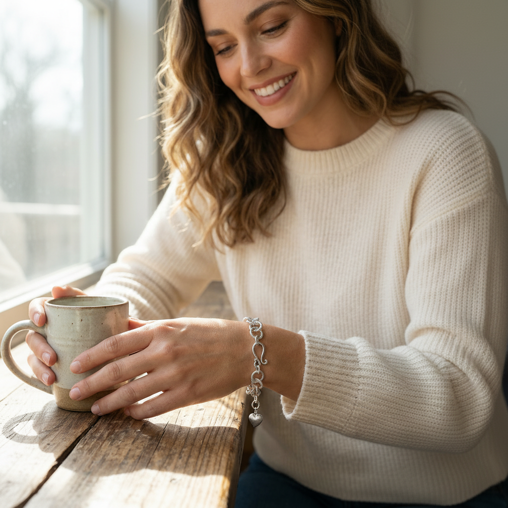 Chunky Silver Bracelet with Heart