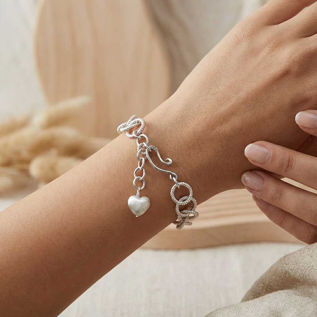 Chunky Silver Bracelet with Heart