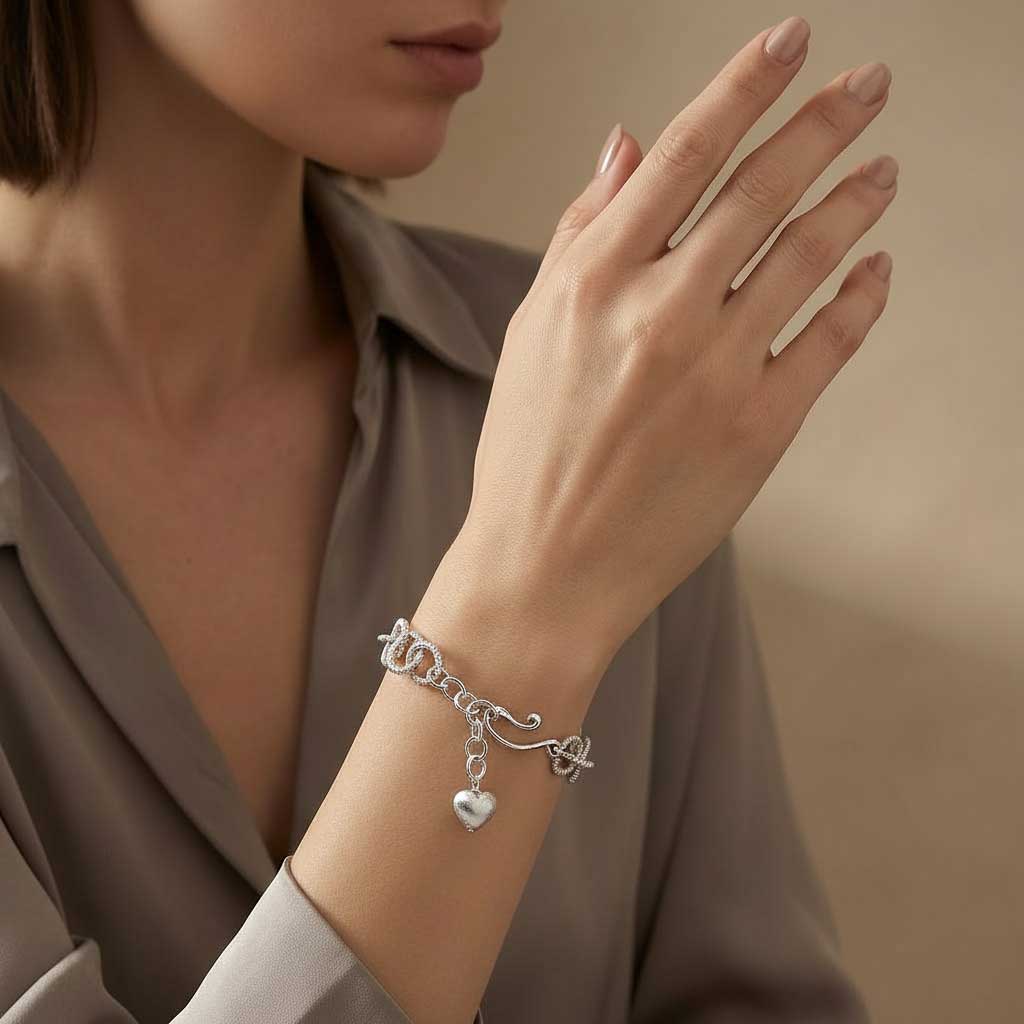 Chunky Silver Bracelet with Heart