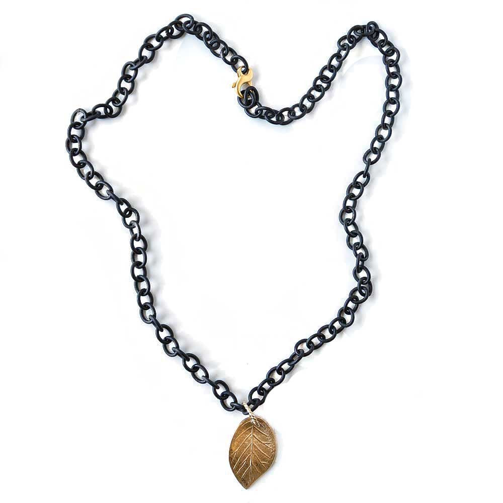 Gold Leaf on Black Chain Necklace - 