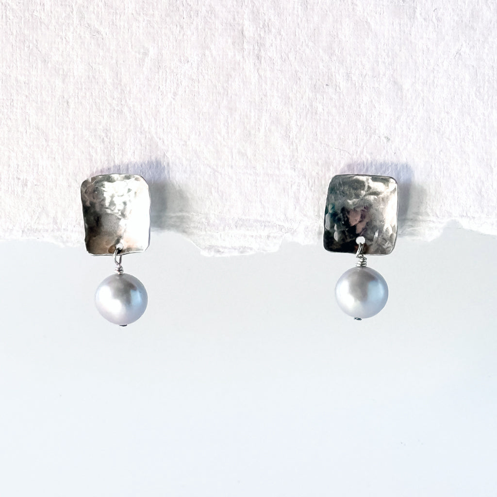 Silver & Pearl Square Earrings